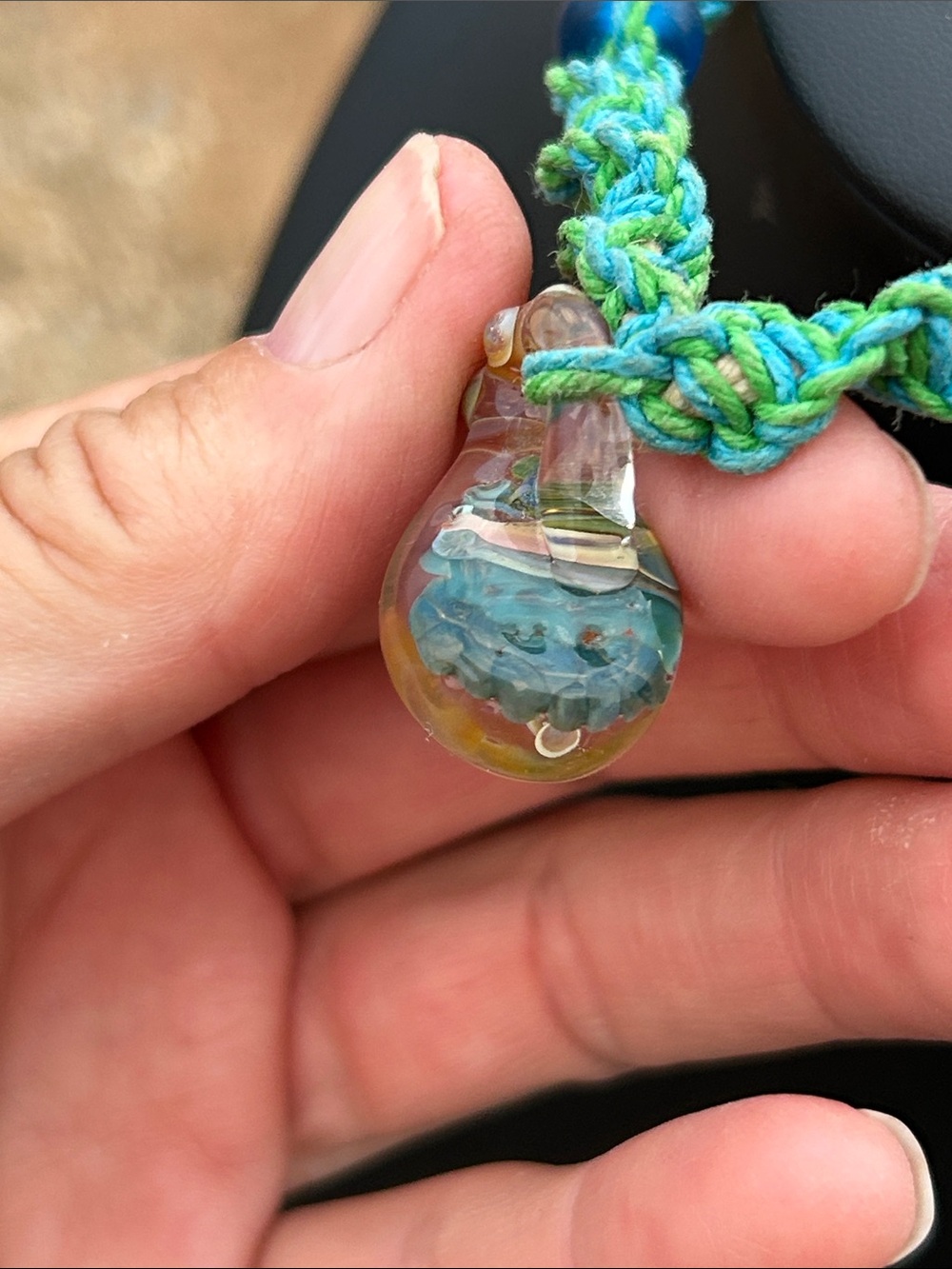 Blue Hemp Necklace, Glass Mushroom Handblown Pendant, Boho Choker - Picture 6 of 10